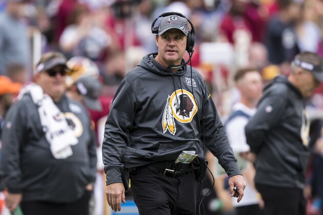 LANDOVER, MD - OCTOBER 06: Head coach Jay Gruden of the Washington Redskins looks on during the first half against the New England Patriots at FedExField on October 6, 2019 in Landover, Maryland. (Photo by Scott Taetsch/Getty Images)