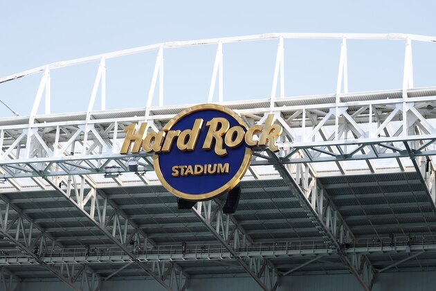 A Hard Rock Stadium sign is seen during a tour of Hard Rock Stadium on Tuesday, Jan. 21, 2020, ahead of a NFL Super Bowl LIV football game in Miami Gardens, Fla. (AP Photo/Brynn Anderson)