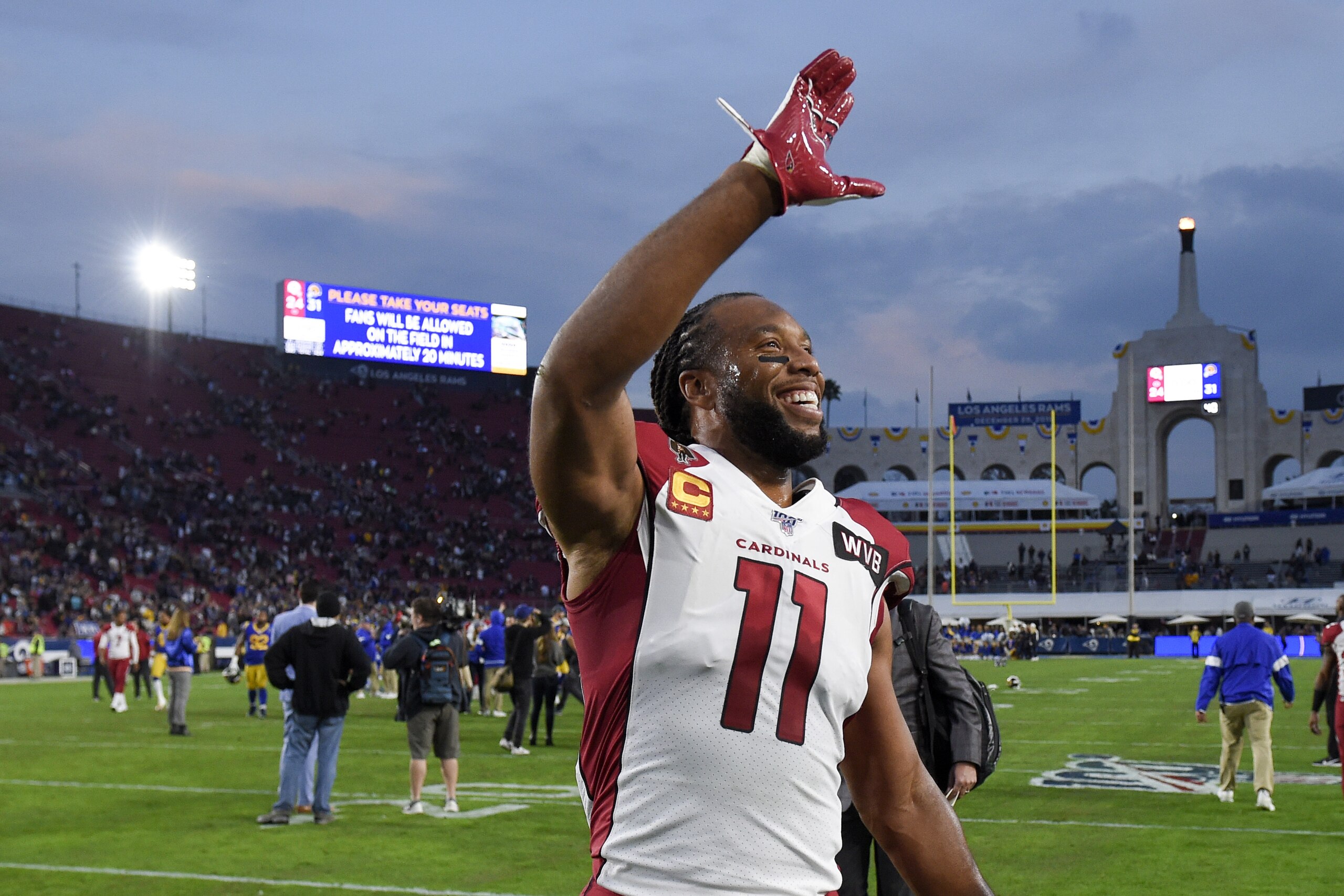 Arizona Cardinals wide receiver Larry Fitzgerald leaves the field after their loss against the Los Angeles Rams in an NFL football game Sunday, Dec. 29, 2019, in Los Angeles. (AP Photo/Mark J. Terrill)