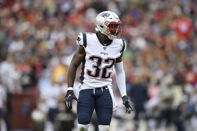 New England Patriots free safety Devin McCourty (32) works against the Washington Redskins during the second half of an NFL football game, Sunday, Oct. 6, 2019, in Landover, Md. (AP Photo/Nick Wass)
