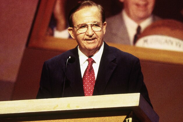 SPRINGFIELD, MA - OCTOBER 13 :  Inductee Morgan Wootten speaks during the 2000 Basketball Hall of Fame Enshrinement Ceremony at the Naismith Basketball Hall of Fame in Springfield, Massachusetts on October 13, 2000. NOTE TO USER: User expressly acknowledges and agrees that, by downloading and/or using this photograph, user is consenting to the terms and conditions of the Getty Images License Agreement. Mandatory Copyright Notice: Copyright 2000 NBAE (Photo by Jesse D. Garrabrant/NBAE via Getty Images)