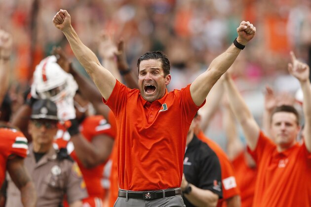 MIAMI, FLORIDA - OCTOBER 05:  Head coach Manny Diaz of the Miami Hurricanes reacts after a touchdown against the Virginia Tech Hokies during the first half at Hard Rock Stadium on October 05, 2019 in Miami, Florida. (Photo by Michael Reaves/Getty Images)