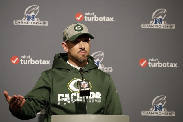 Green Bay Packers head coach Matt LaFleur speaks during a news conference after their loss against the San Francisco 49ers in the NFL NFC Championship football game Sunday, Jan. 19, 2020, in Santa Clara, Calif. The 49ers won 37-20 to advance to Super Bowl 54 against the Kansas City Chiefs. (AP Photo/Marcio Jose Sanchez)