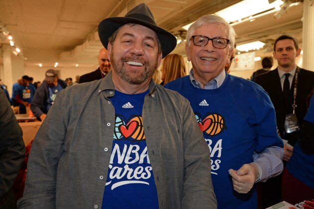 NEW YORK, NY - FEBRUARY 13:  President and CEO of the New York Knicks James Dolan and former NBA Commisioner David Stern participate in the NBA Cares All-Star Day of Service at the Metropolitan Pavilion on February 13, 2015 in New York, New York. NOTE TO USER: User expressly acknowledges and agrees that, by downloading and/or using this Photograph, user is consenting to the terms and conditions of the Getty Images License Agreement. Mandatory Copyright Notice: Copyright 2015 NBAE (Photo by Andrew D. Bernstein/NBAE via Getty Images)