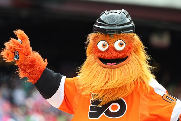 PHILADELPHIA, PA - APRIL 28: Gritty, the mascot of the Philadelphia Flyers entertains during a game between the Philadelphia Phillies and Miami Marlins at Citizens Bank Park on April 28, 2019 in Philadelphia, Pennsylvania. Mascots from around Philadelphia were at the game to honor the 41st birthday of the Phillie Phanatic. (Photo by Rich Schultz/Getty Images)