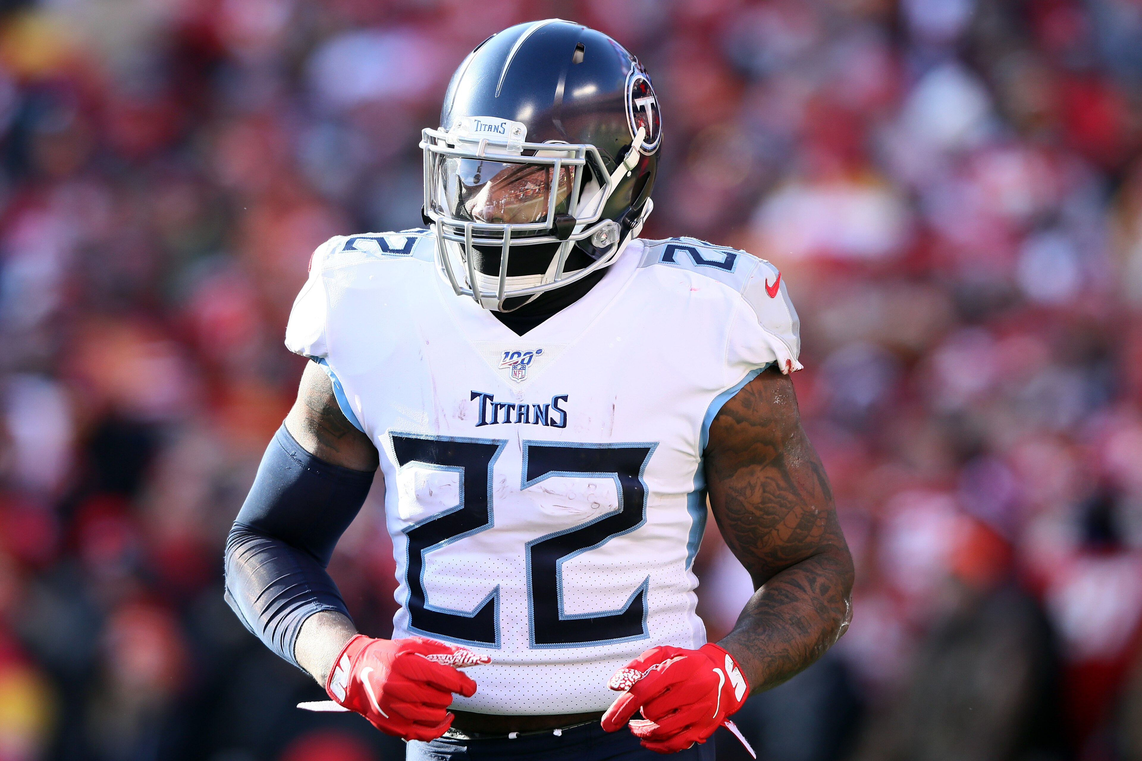KANSAS CITY, MISSOURI - JANUARY 19: Derrick Henry #22 of the Tennessee Titans looks on in the first half against the Kansas City Chiefs in the AFC Championship Game at Arrowhead Stadium on January 19, 2020 in Kansas City, Missouri. (Photo by Jamie Squire/Getty Images) KANSAS CITY, MISSOURI - JANUARY 19: Derrick Henry #22 of the Tennessee Titans looks on in the first half against the Kansas City Chiefs in the AFC Championship Game at Arrowhead Stadium on January 19, 2020 in Kansas City, Missouri. (Photo by Jamie Squire/Getty Images)
