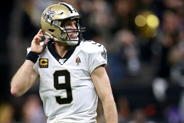 NEW ORLEANS, LOUISIANA - JANUARY 05: Drew Brees #9 of the New Orleans Saints reats during the NFC Wild Card Playoff game against the Minnesota Vikings at Mercedes Benz Superdome on January 05, 2020 in New Orleans, Louisiana. (Photo by Sean Gardner/Getty Images)