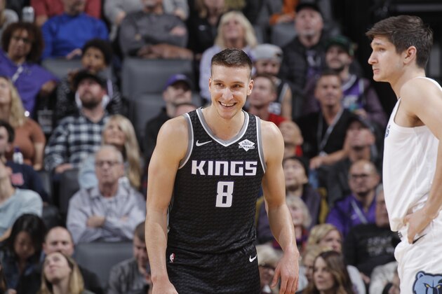 SACRAMENTO, CA - JANUARY 2: Bogdan Bogdanovic #8 of the Sacramento Kings looks on during the game against the Memphis Grizzlies on January 2, 2020 at Golden 1 Center in Sacramento, California. NOTE TO USER: User expressly acknowledges and agrees that, by downloading and or using this photograph, User is consenting to the terms and conditions of the Getty Images Agreement. Mandatory Copyright Notice: Copyright 2020 NBAE (Photo by Rocky Widner/NBAE via Getty Images)