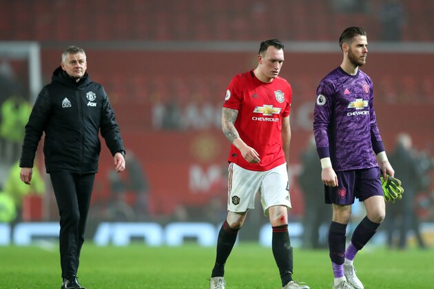 MANCHESTER, ENGLAND - JANUARY 22:Phil Jones of Manchester United and David De Gea of Manchester United looks on after the Premier League match between Manchester United and Burnley FC at Old Trafford on January 22, 2020 in Manchester, United Kingdom. (Photo by Alex Livesey/Getty Images)