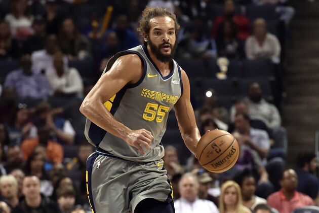 Memphis Grizzlies center Joakim Noah (55) brings the ball up court in the first half of an NBA basketball game against the Minnesota Timberwolves Saturday, March 23, 2019, in Memphis, Tenn. (AP Photo/Brandon Dill)
