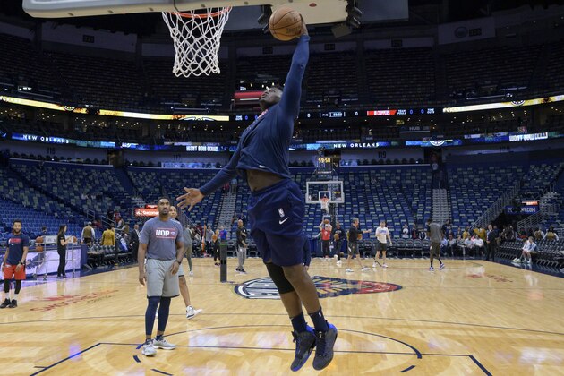 New Orleans Pelicans forward Zion Williamson practices before an NBA basketball game between the New Orleans Pelicans and the Los Angeles Clippers in New Orleans, Saturday, Jan. 18, 2020. Williamson is expected to return to play Wednesday against the San Antonio Spurs. (AP Photo/Matthew Hinton) New Orleans Pelicans forward Zion Williamson practices before an NBA basketball game between the New Orleans Pelicans and the Los Angeles Clippers in New Orleans, Saturday, Jan. 18, 2020. Williamson is expected to return to play Wednesday against the San Antonio Spurs. (AP Photo/Matthew Hinton)