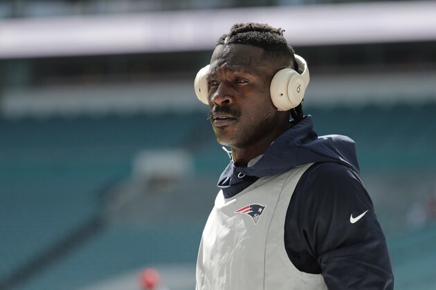 New England Patriots wide receiver Antonio Brown warms up before an NFL football game against the Miami Dolphins, Sunday, Sept. 15, 2019, in Miami Gardens, Fla. (AP Photo/Lynne Sladky) New England Patriots wide receiver Antonio Brown warms up before an NFL football game against the Miami Dolphins, Sunday, Sept. 15, 2019, in Miami Gardens, Fla. (AP Photo/Lynne Sladky)