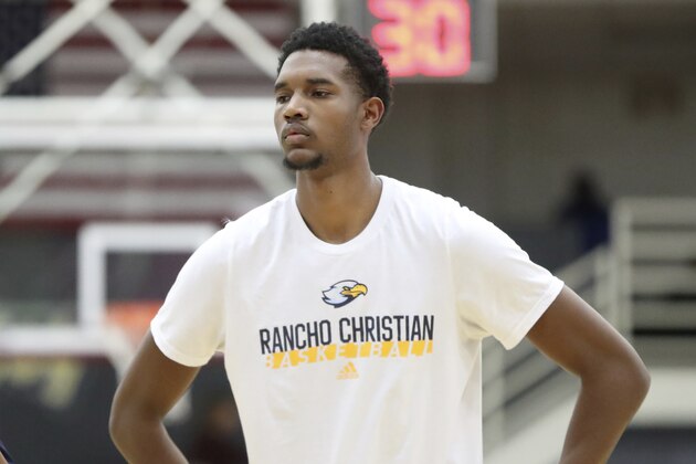 Rancho Christian's Evan Mobley #4 is sen in warmups against DeMatha before a high school basketball game at the Hoophall Classic, Monday, January 20, 2020, in Springfield, MA. DeMatha won the game. (AP Photo/Gregory Payan)