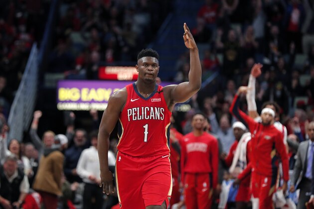 New Orleans Pelicans forward Zion Williamson (1) reacts after making a 3-point basket in the second half of an NBA basketball game against the San Antonio Spurs in New Orleans, Wednesday, Jan. 22, 2020. The Spurs won 121-117. (AP Photo/Gerald Herbert) New Orleans Pelicans forward Zion Williamson (1) reacts after making a 3-point basket in the second half of an NBA basketball game against the San Antonio Spurs in New Orleans, Wednesday, Jan. 22, 2020. The Spurs won 121-117. (AP Photo/Gerald Herbert)
