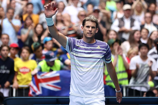 MELBOURNE, AUSTRALIA - JANUARY 23: Dominic Thiem of Austria celebrates after winning match point during his Men's Singles second round match against Alex Bolt of Australia on day four of the 2020 Australian Open at Melbourne Park on January 23, 2020 in Melbourne, Australia. (Photo by Hannah Peters/Getty Images)