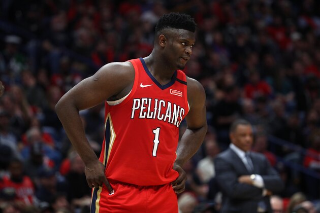 NEW ORLEANS, LOUISIANA - JANUARY 22: Zion Williamson #1 of the New Orleans Pelicans looks on during the game against the San Antonio Spurs at Smoothie King Center on January 22, 2020 in New Orleans, Louisiana. NOTE TO USER: User expressly acknowledges and agrees that, by downloading and/or using this photograph, user is consenting to the terms and conditions of the Getty Images License Agreement.   (Photo by Chris Graythen/Getty Images)