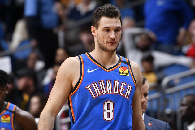 ORLANDO, FL - JANUARY 22: Danilo Gallinari #8 of the Oklahoma City Thunder looks on during the game against the Orlando Magic on January 22, 2020 at Amway Center in Orlando, Florida. NOTE TO USER: User expressly acknowledges and agrees that, by downloading and or using this photograph, User is consenting to the terms and conditions of the Getty Images License Agreement. Mandatory Copyright Notice: Copyright 2020 NBAE (Photo by Fernando Medina/NBAE via Getty Images)