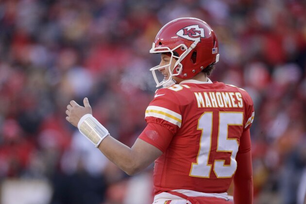 Kansas City Chiefs quarterback Patrick Mahomes (15) during the first half of the NFL AFC Championship football game Sunday, Jan. 19, 2020, in Kansas City, MO. (AP Photo/Charlie Riedel) Kansas City Chiefs quarterback Patrick Mahomes (15) during the first half of the NFL AFC Championship football game Sunday, Jan. 19, 2020, in Kansas City, MO. (AP Photo/Charlie Riedel)