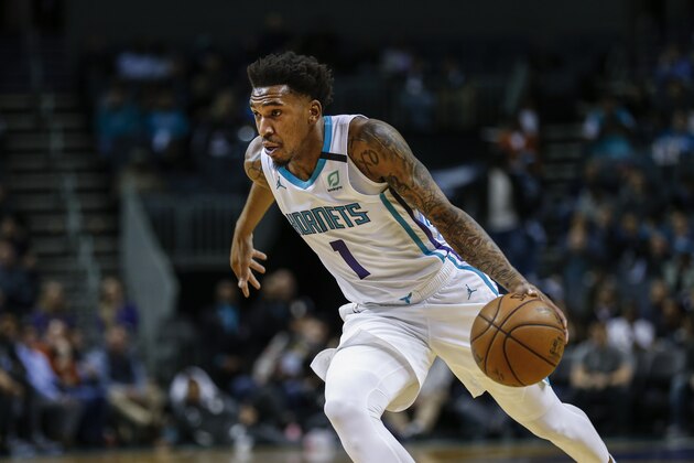 Charlotte Hornets guard Malik Monk runs the offense against the Toronto Raptors in the first half of an NBA basketball game against the Charlotte Hornets in Charlotte, N.C., Wednesday, Jan. 8, 2020. (AP Photo/Nell Redmond)