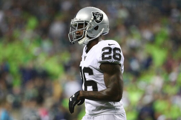 SEATTLE, WASHINGTON - AUGUST 29: Nevin Lawson #26 of the Oakland Raiders looks on in the second quarter against the Seattle Seahawks during their NFL preseason game at CenturyLink Field on August 29, 2019 in Seattle, Washington. (Photo by Abbie Parr/Getty Images)