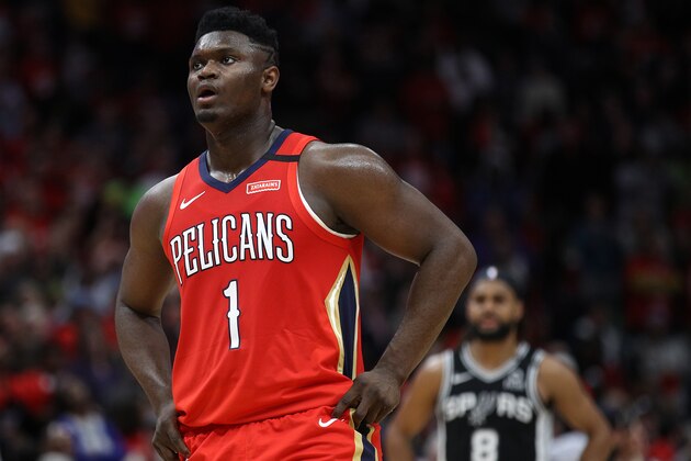 NEW ORLEANS, LOUISIANA - JANUARY 22: Zion Williamson #1 of the New Orleans Pelicans looks on during the game against the San Antonio Spurs at Smoothie King Center on January 22, 2020 in New Orleans, Louisiana. NOTE TO USER: User expressly acknowledges and agrees that, by downloading and/or using this photograph, user is consenting to the terms and conditions of the Getty Images License Agreement.   (Photo by Chris Graythen/Getty Images)