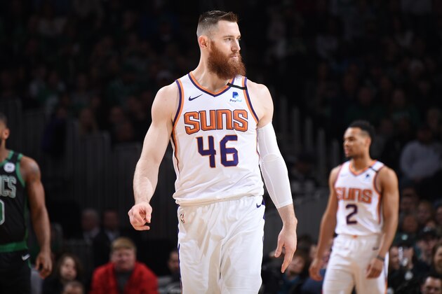 BOSTON, MA - JANUARY 18: Aron Baynes #46 of the Phoenix Suns looks on during a game against the Boston Celtics on January 18, 2020 at the TD Garden in Boston, Massachusetts.  NOTE TO USER: User expressly acknowledges and agrees that, by downloading and or using this photograph, User is consenting to the terms and conditions of the Getty Images License Agreement. Mandatory Copyright Notice: Copyright 2020 NBAE  (Photo by Brian Babineau/NBAE via Getty Images)