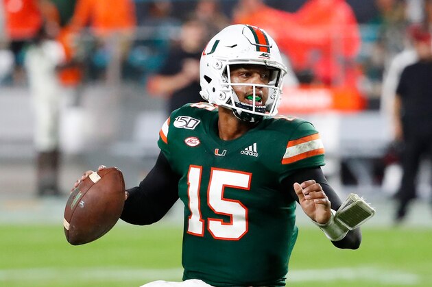 Miami quarterback Jarren Williams drops back to pass during the second half of an NCAA college football game against Louisville, Saturday, Nov. 9, 2019, in Miami Gardens, Fla. Miami defeated Louisville 52-27. (AP Photo/Wilfredo Lee)