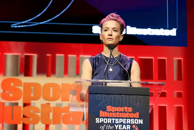 NEW YORK, NEW YORK - DECEMBER 09: Sports Illustrated Sportsperson of the Year Award Winner Megan Rapinoe speaks onstage during the Sports Illustrated Sportsperson Of The Year 2019 at The Ziegfeld Ballroom on December 09, 2019 in New York City. (Photo by Bennett Raglin/Getty Images for Sports Illustrated Sportsperson of the Year 2019)