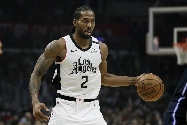 Los Angeles Clippers forward Kawhi Leonard against the Orlando Magic during the second half of an NBA basketball game in Los Angeles, Thursday, Jan. 16, 2020. The Clippers won 122-95. (AP Photo/Chris Carlson)