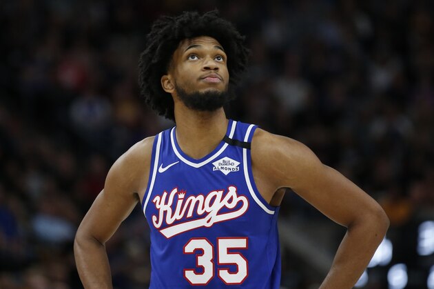 Sacramento Kings forward Marvin Bagley III (35) looks at the scoreboard in the first half during an NBA basketball game against the Utah Jazz Saturday, Jan. 18, 2020, in Salt Lake City. (AP Photo/Rick Bowmer)