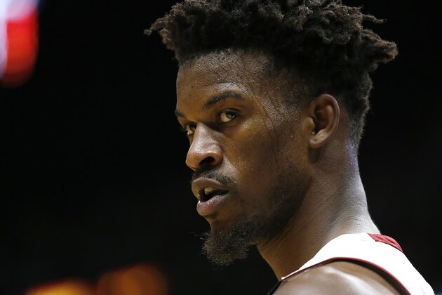 MIAMI, FLORIDA - JANUARY 22:  Jimmy Butler #22 of the Miami Heat looks on against the Washington Wizards during the second half at American Airlines Arena on January 22, 2020 in Miami, Florida. NOTE TO USER: User expressly acknowledges and agrees that, by downloading and/or using this photograph, user is consenting to the terms and conditions of the Getty Images License Agreement.  (Photo by Michael Reaves/Getty Images)