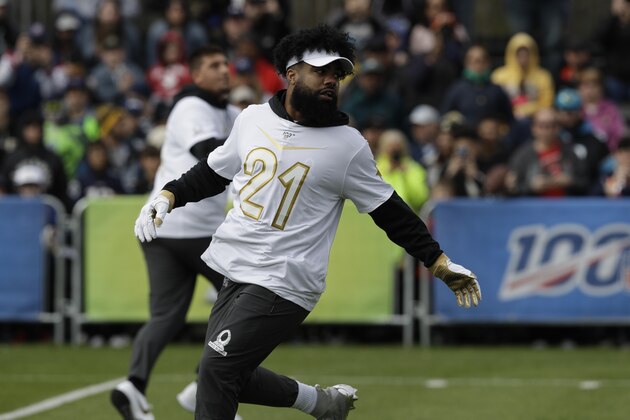 NFC running back Ezekiel Elliott, of the Dallas Cowboys, during a practice for the NFL Pro Bowl football game Wednesday, Jan. 22, 2020, in Kissimmee, Fla. (AP Photo/Chris O'Meara)