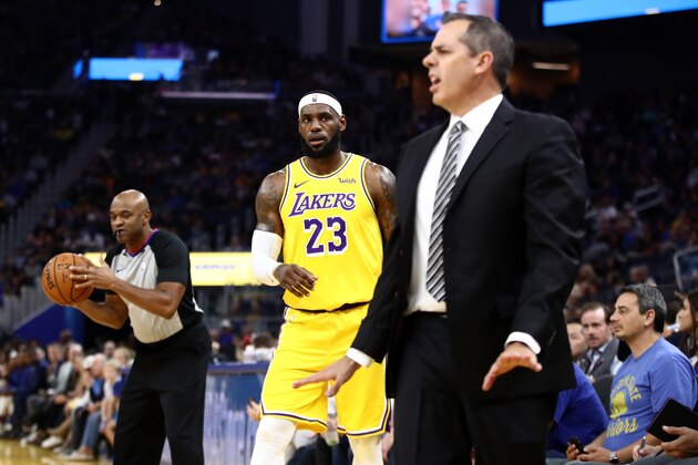 SAN FRANCISCO, CALIFORNIA - OCTOBER 05: LeBron James #23 looks at head coach Frank Vogel of the Los Angeles Lakers during their game against the Golden State Warriors at Chase Center on October 05, 2019 in San Francisco, California. NOTE TO USER: User expressly acknowledges and agrees that, by downloading and or using this photograph, User is consenting to the terms and conditions of the Getty Images License Agreement. (Photo by Ezra Shaw/Getty Images) SAN FRANCISCO, CALIFORNIA - OCTOBER 05: LeBron James #23 looks at head coach Frank Vogel of the Los Angeles Lakers during their game against the Golden State Warriors at Chase Center on October 05, 2019 in San Francisco, California. NOTE TO USER: User expressly acknowledges and agrees that, by downloading and or using this photograph, User is consenting to the terms and conditions of the Getty Images License Agreement. (Photo by Ezra Shaw/Getty Images)
