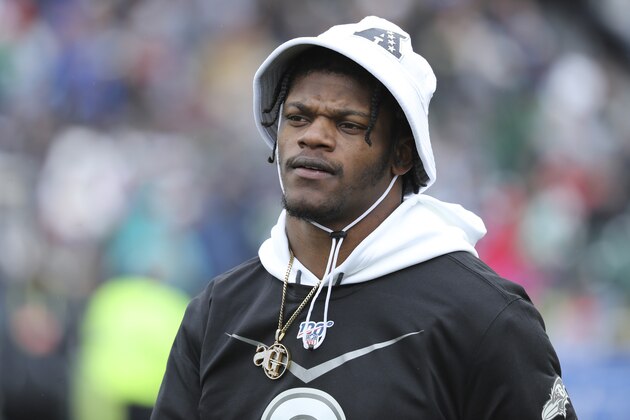 AFC quarterback Lamar Jackson of the Baltimore Ravens is seen at the 2020 Pro Bowl Skills Showdown Wednesday, January 22, 2020, in Kissimmee, Fla. The event will be broadcast tomorrow at 9pm ET on ESPN. (AP Photo/Gregory Payan)