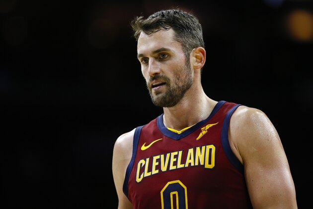 Cleveland Cavaliers' Kevin Love coaches during an NBA basketball game against the Philadelphia 76ers, Tuesday, Nov. 12, 2019, in Philadelphia. (AP Photo/Matt Slocum)