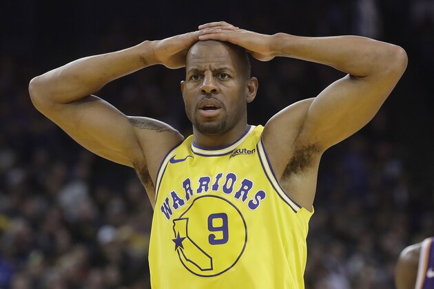 Golden State Warriors guard Andre Iguodala (9) against the Phoenix Suns during an NBA basketball game in Oakland, Calif., Sunday, March 10, 2019. (AP Photo/Jeff Chiu)