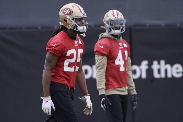 San Francisco 49ers cornerback Richard Sherman (25) and defensive back Emmanuel Moseley (41) practice at the team's NFL football training facility in Santa Clara, Calif., Thursday, Jan. 23, 2020. The 49ers will face the Kansas City Chiefs in Super Bowl 54. (AP Photo/Jeff Chiu)