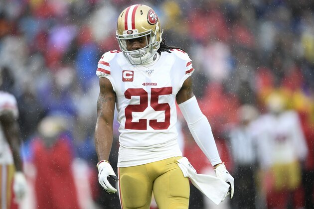 San Francisco 49ers cornerback Richard Sherman (25) stands on the field in the first half of an NFL football game against the Baltimore Ravens, Sunday, Dec. 1, 2019, in Baltimore, Md. (AP Photo/Nick Wass)