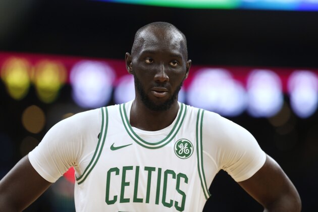 Boston Celtics' Tacko Fall plays against the Cleveland Cavaliers during the second half of an NBA preseason basketball game in Boston, Sunday, Oct. 13, 2019. (AP Photo/Michael Dwyer)