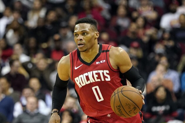 Houston Rockets' Russell Westbrook (0) brings the ball up the court against the Denver Nuggets during the second half of an NBA basketball game Wednesday, Jan. 22, 2020, in Houston. (AP Photo/David J. Phillip) Houston Rockets' Russell Westbrook (0) brings the ball up the court against the Denver Nuggets during the second half of an NBA basketball game Wednesday, Jan. 22, 2020, in Houston. (AP Photo/David J. Phillip)