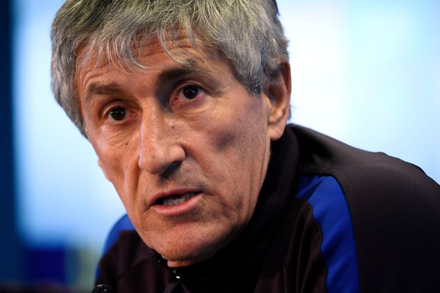 Barcelona's new coach, Spaniard Quique Setien, holds a press conference at the Joan Gamper Sports City training ground in Sant Joan Despi on January 18, 2020. (Photo by LLUIS GENE / AFP) (Photo by LLUIS GENE/AFP via Getty Images)