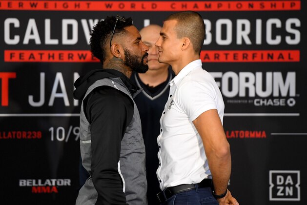 HOLLYWOOD, CA - JANUARY 23: Scott Coker, Bellator President, looks on as Darrion Caldwell and Adam Borics face off for their upcoming Bellator featherweight World Grand Prix fight during media day at the Paramount Theatre on January 23, 2020 in Hollywood, California. (Photo by Jayne Kamin-Oncea/Getty Images)