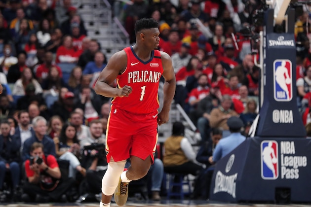 New Orleans Pelicans forward Zion Williamson (1) runs down the court in the second half of an NBA basketball game against the San Antonio Spurs in New Orleans, Wednesday, Jan. 22, 2020. The Spurs won 121-117. (AP Photo/Gerald Herbert)