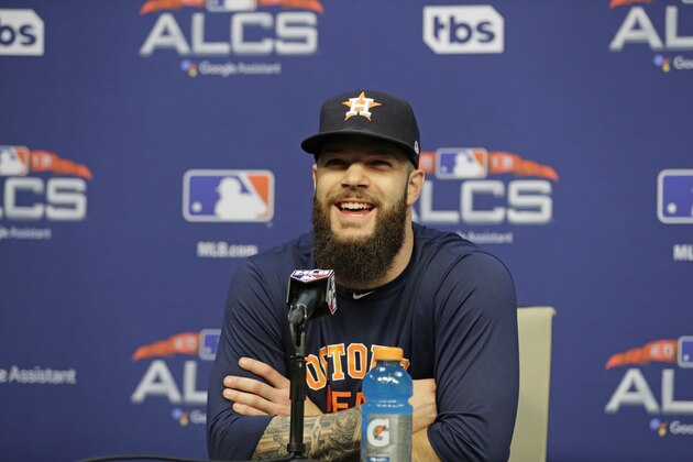 Houston Astros starting pitcher Dallas Keuchel speaks during a news conference at a baseball workout Monday, Oct. 15, 2018, in Houston. The Astros will face the Boston Red Sox in Game 3 of the baseball American League Championship Series Tuesday Oct. 16 2018. (AP Photo/Frank Franklin II)