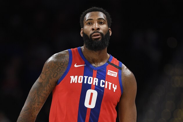 Detroit Pistons center Andre Drummond (0) stands on the court during the first half of an NBA basketball game against the Washington Wizards, Monday, Jan. 20, 2020, in Washington. (AP Photo/Nick Wass)
