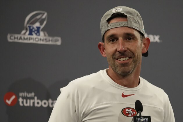 San Francisco 49ers head coach Kyle Shanahan speaks at a news conference after the NFL NFC Championship football game against the Green Bay Packers Sunday, Jan. 19, 2020, in Santa Clara, Calif. The 49ers won 37-20 to advance to Super Bowl 54 against the Kansas City Chiefs. (AP Photo/Ben Margot)