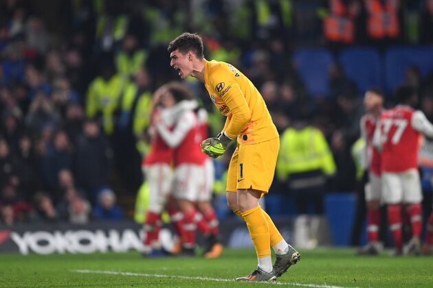 LONDON, ENGLAND - JANUARY 21: Kepa Arrizabalaga of Chelsea reacts after conceding a second goal during the Premier League match between Chelsea FC and Arsenal FC at Stamford Bridge on January 21, 2020 in London, United Kingdom. (Photo by Harriet Lander/Copa/Getty Images)