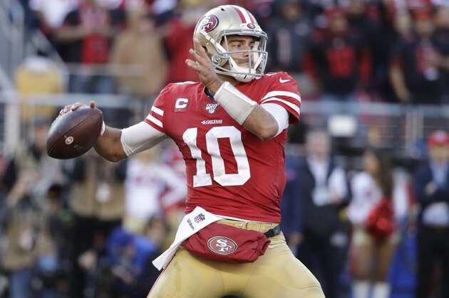 San Francisco 49ers quarterback Jimmy Garoppolo (10) passes against the Minnesota Vikings during the first half of an NFL divisional playoff football game, Saturday, Jan. 11, 2020, in Santa Clara, Calif. (AP Photo/Marcio Jose Sanchez)