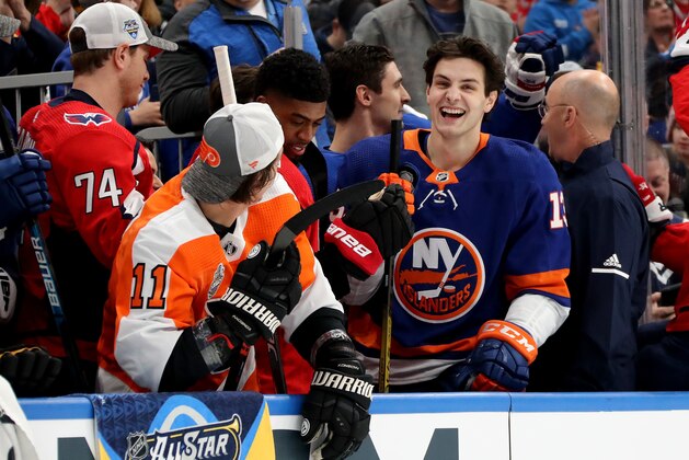 ST LOUIS, MISSOURI - JANUARY 24: Mathew Barzal #13 of the New York Islanders reacts after competing in the Bridgestone NHL Fastest Skater during the 2020 NHL All-Star Skills Competition at Enterprise Center on January 24, 2020 in St Louis, Missouri. (Photo by Bruce Bennett/Getty Images)