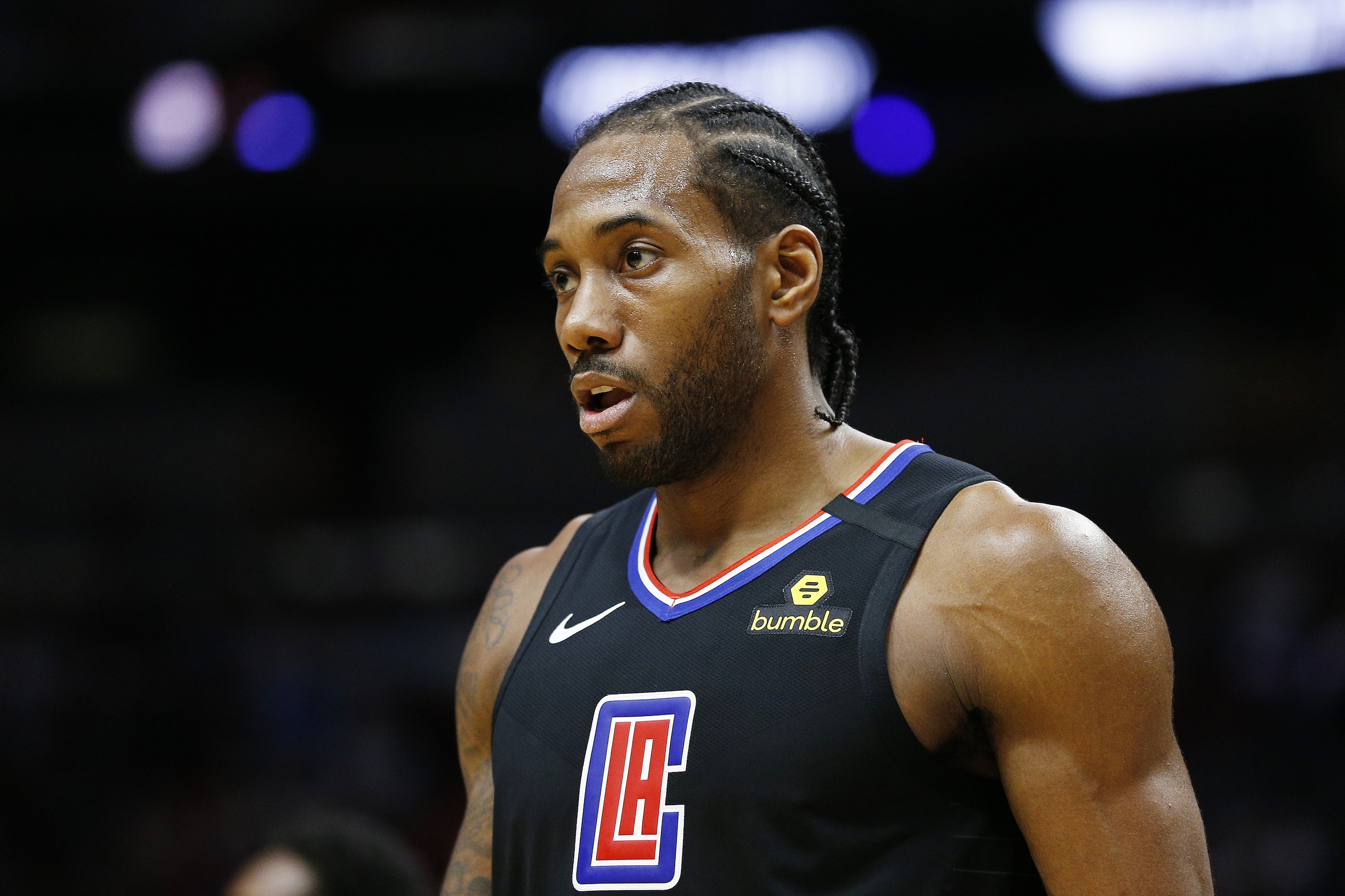 MIAMI, FLORIDA - JANUARY 24:  Kawhi Leonard #2 of the LA Clippers reacts against the Miami Heat during the first half at American Airlines Arena on January 24, 2020 in Miami, Florida. NOTE TO USER: User expressly acknowledges and agrees that, by downloading and/or using this photograph, user is consenting to the terms and conditions of the Getty Images License Agreement.  (Photo by Michael Reaves/Getty Images)